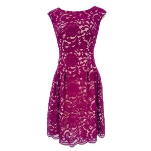 vince camuto purple lace dress Vince Camuto Lace Extended Cap A-Line Dress with Scallop and Overlap Skirt Women's Dress Royal : 4